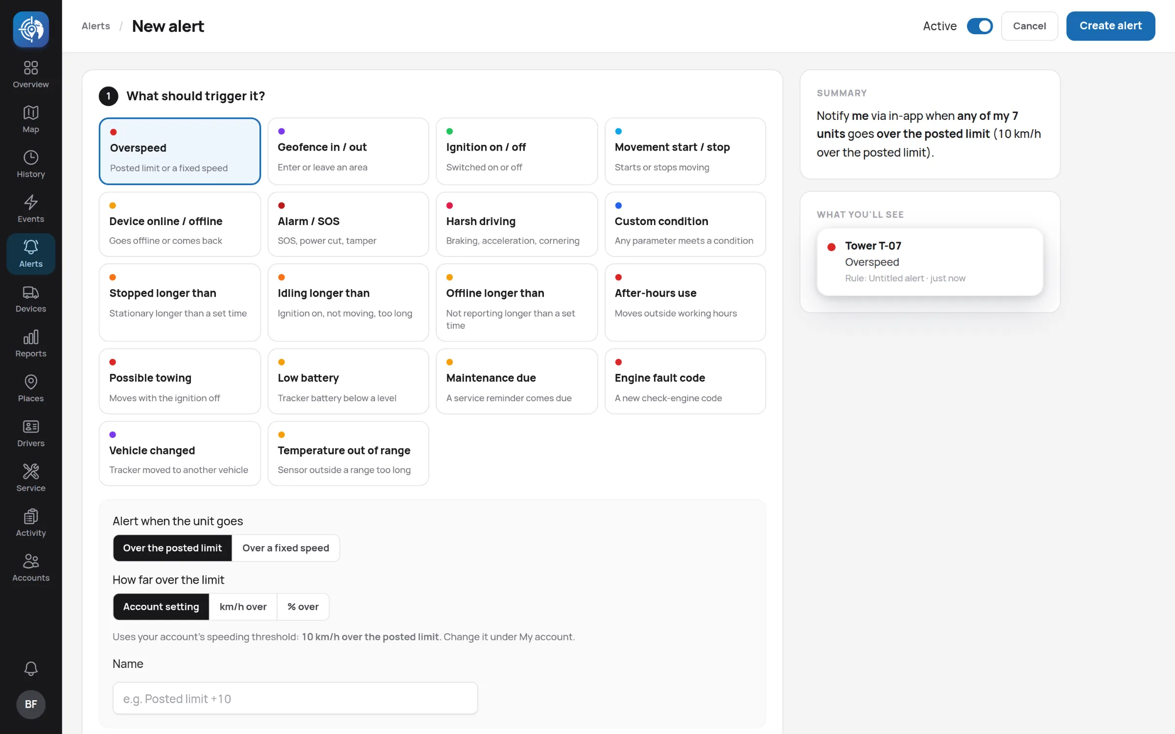 The alert editor: choosing an alert type, the units it covers and how to be notified.