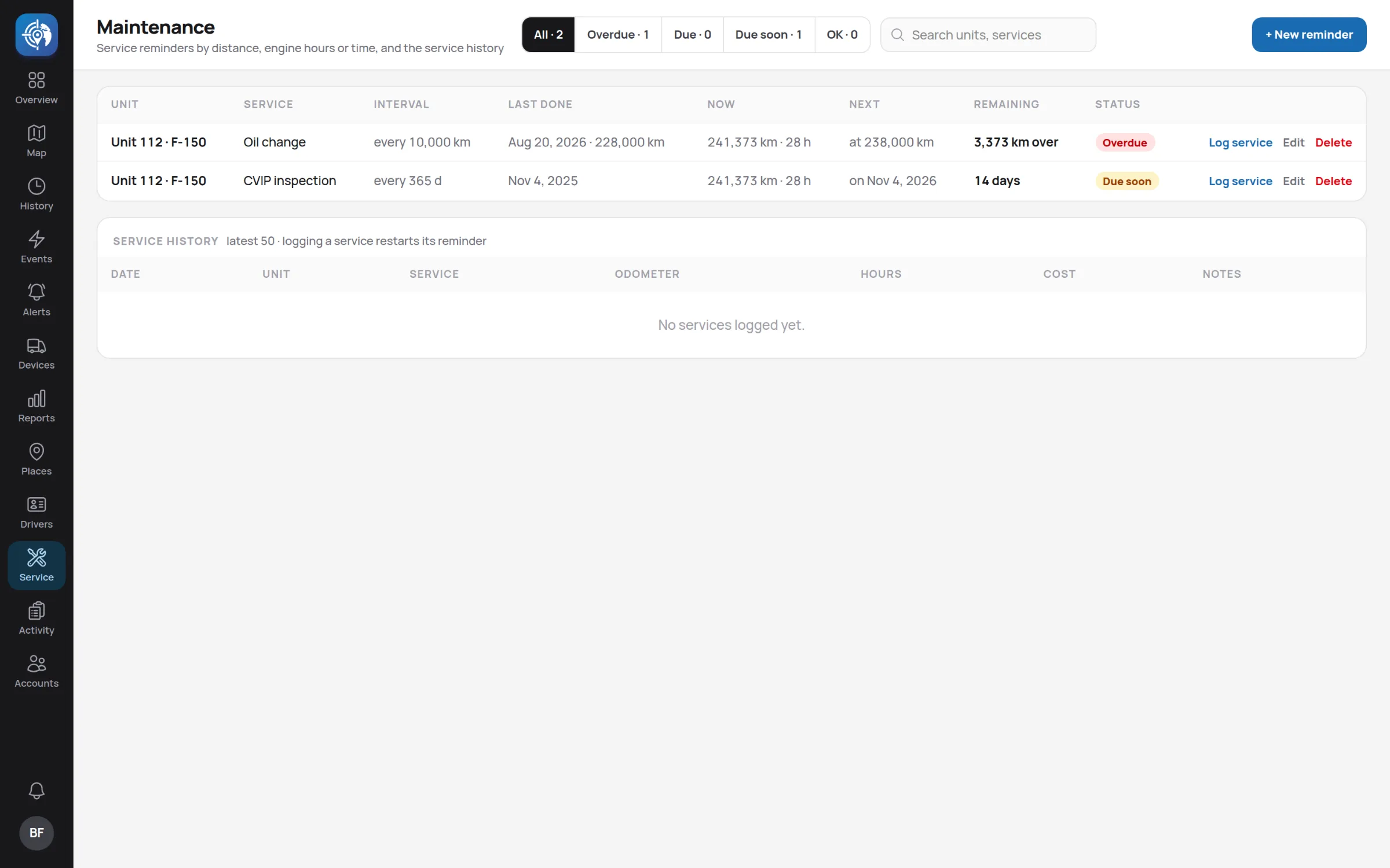 The maintenance page listing service reminders per unit and what is left until each is due.