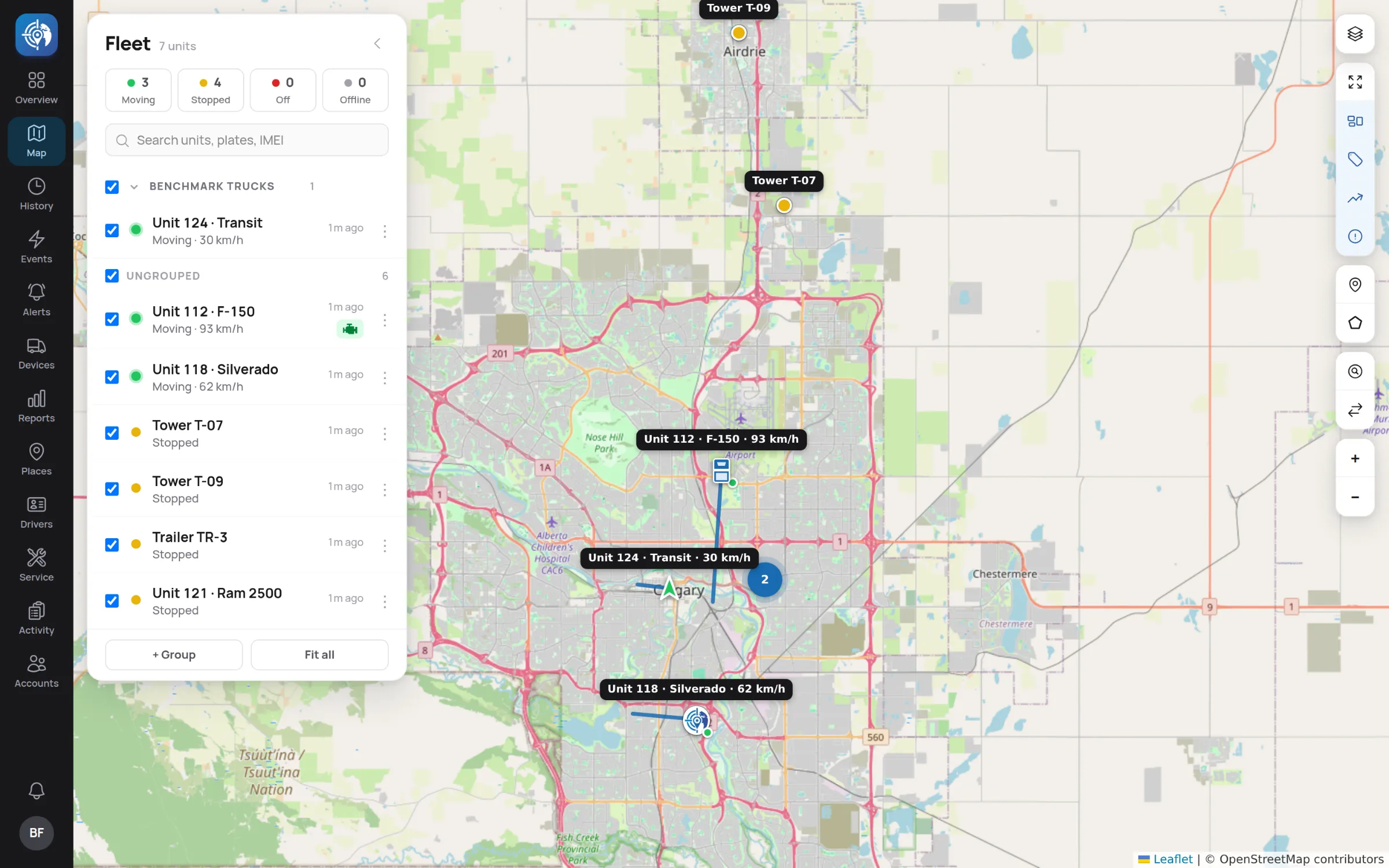 The Rangetel live map: a fleet panel listing moving and stopped units beside a map of Calgary with each unit's position and speed.